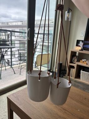 Set of Two Hanging Ceramic Planters in Matte White with Brown Leather Cords